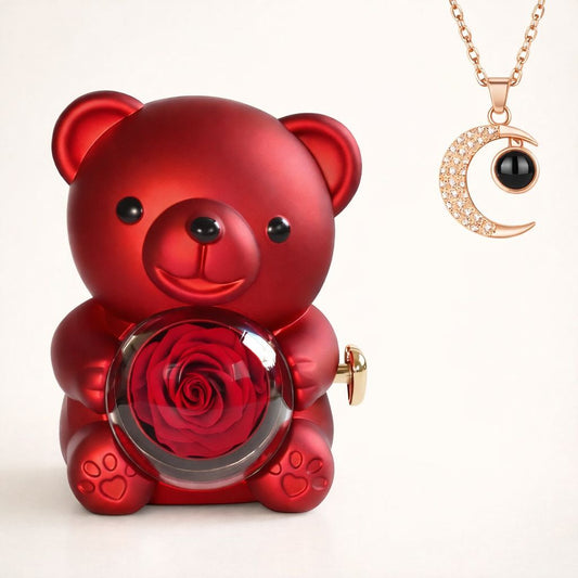 Luxury Preserved Rose Bear with “100 Languages I Love You” Necklace