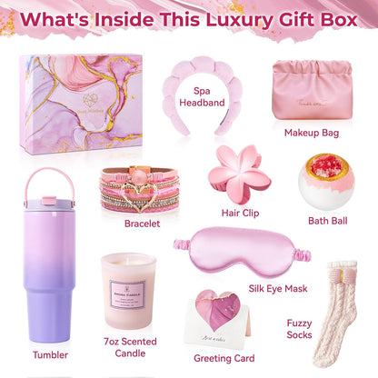 Birthday Gift for Women Self Care Get Well Soon Gifts Basket, Unique Luxury Birthday Gifts Idea for Her BFF Girlfriend Wife Sister Coworker, with Tumbler Bracelet Hairclip Headband Socks Eye-Mask