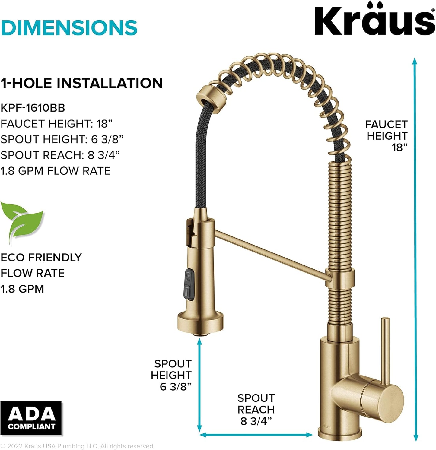 Bolden Commercial Style 2-Function Single Handle Pull down Kitchen Faucet in Spot-Free Brushed Brass, KPF-1610BB