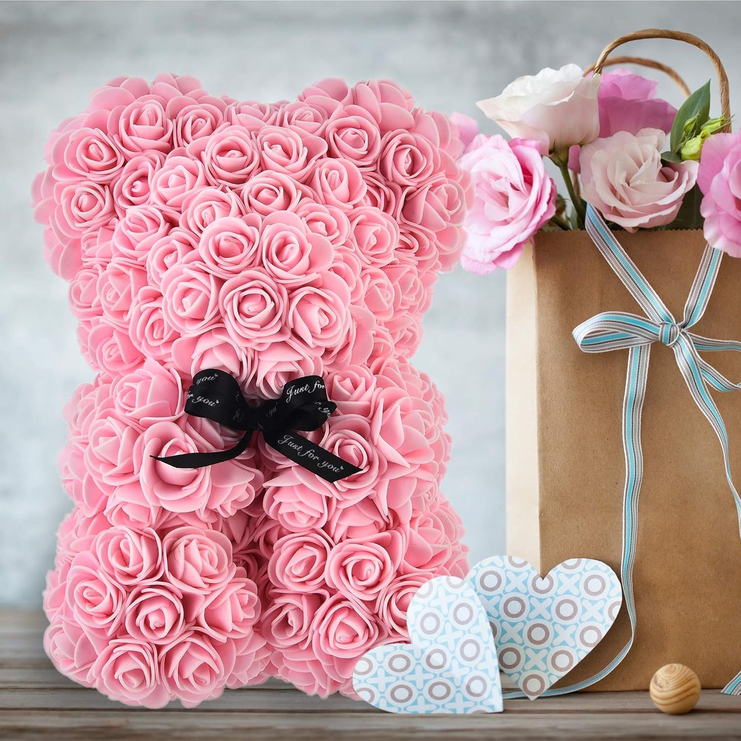 Rose Bear ,Rose Teddy Bear, Flower Bear Cub, Forever Rose Everlasting Flower for Window Display, Anniversary Christmas Valentines Gift (Light Pink)